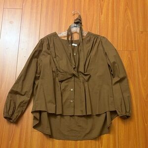 Brown Long Sleeve Blouse with Tie Detail Korean brand